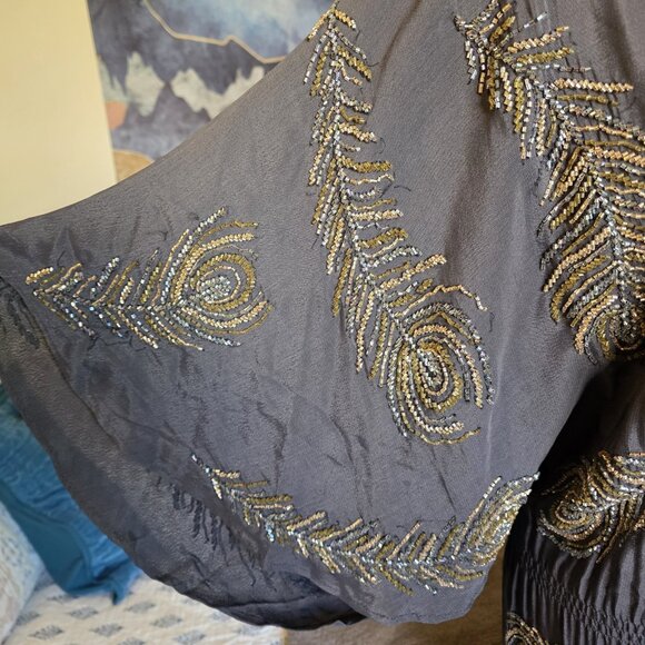 BoYod Black Hand Beaded Peacock Feather Dress S Boho Semi Sheer - Picture 14 of 16